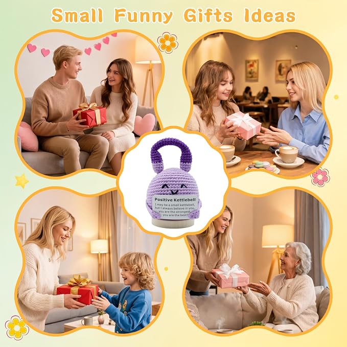 Crochet Knitted Kettlebell, 3.54 Inch Positive Kettlebell with Encouraging Card, Unique Fitness Themed Gift for Home Office Room Desktop Decoration