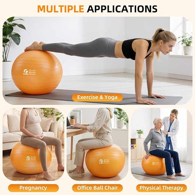 Gruper Yoga Ball, Extra Thick Non Slip Exercise Ball for Workout, Yoga, Pregnancy, 4 Sizes Anti Burst Chair for Home and Office, Includes Foot Pump & Fitness Guide