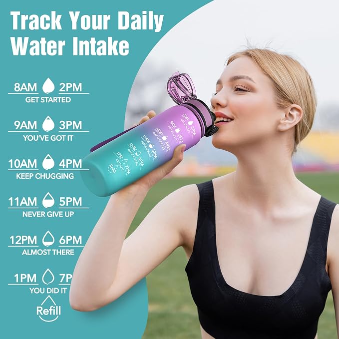 OLDLEY Water Bottle, 32oz Motivational Sports Water Bottle with Time Marker - Times to Drink - Tritan, BPA Free, Wide Mouth Leakproof,Confectionery