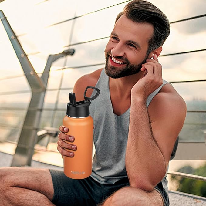 Insulated Water Bottle With Straw,32 oz Vacuum Insulated Stainless Steel Sports Water Flask,Keeps Cold and Hot,Metal Water Bottle Wide Mouth for Gym Travel Camping (Orange)