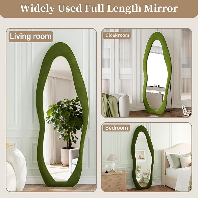 Full Length Mirror, 71"x30" Flannel Floor Mirrors with Stand | Irregular Wavy Mirror, Full Body Tempered Glass Mirror Hanging or Leaning Wall for Bedroom Living Room, Green