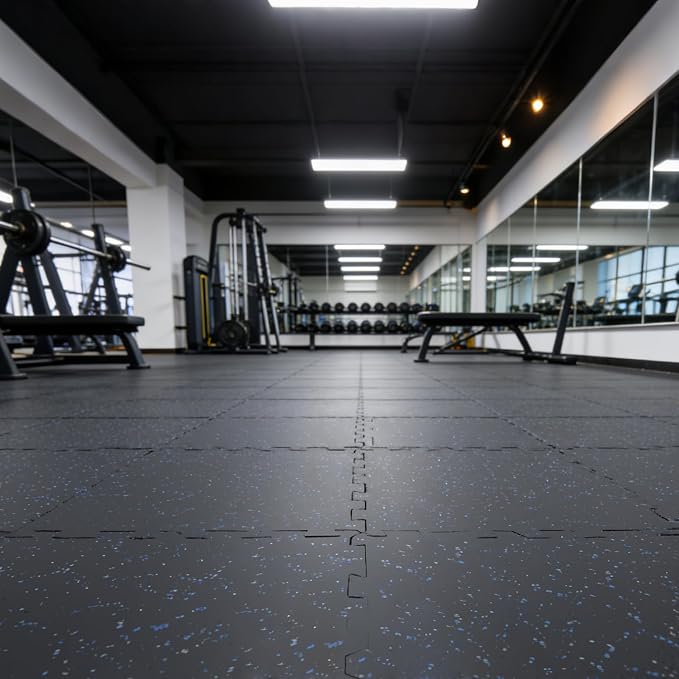 Interlocking Rubber Floor Tiles 15MM –Thicker Heavy Duty 100% Rubber Gym Flooring for Home Gym, Workout Room, Garage, Equipment Mats, Protective Workout Mat, Blue-Black 6-Pack