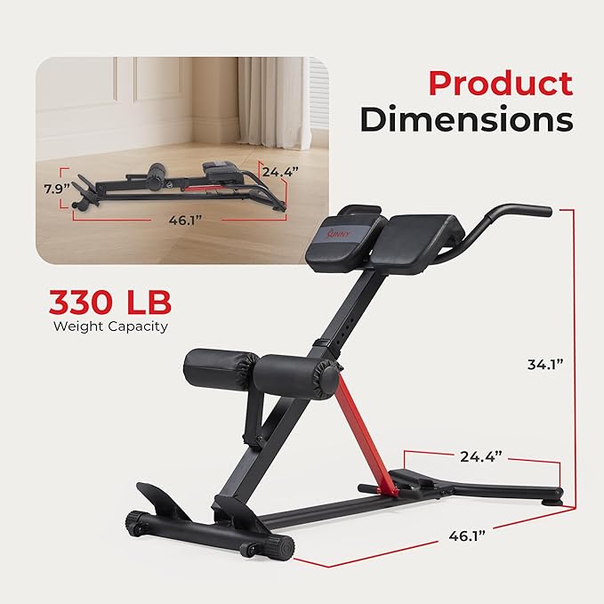 Sunny Health & Fitness Foldable Roman Chair, Back Hyperextension Bench | Adjustable Height, Folds Flat for Storage, Built in Dip Station, Targets Back, Abs & Core, Crunches & Back Extensions