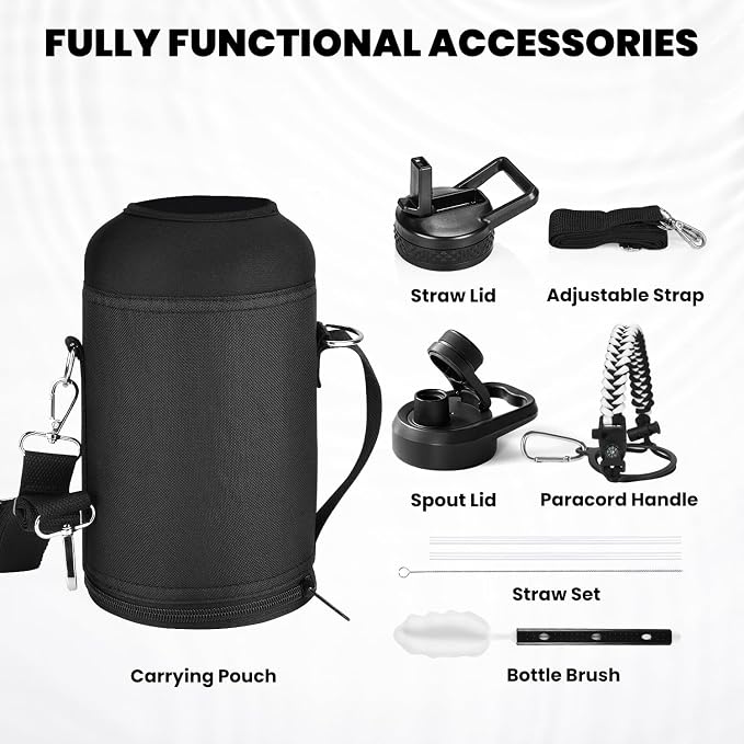 RAYMYLO Insulated Water Bottle 64 oz, Triple Wall Vacuum Stainless Steel (Cold for 48 Hrs), Leak Proof & Non-BPA, Half Gallon Water Flask Jug with Paracord Handle & Straw Spout Lids, White/Black | (Cold for 48 Hrs), Leak Proof & Non-BPA, Half Gallon Wa...