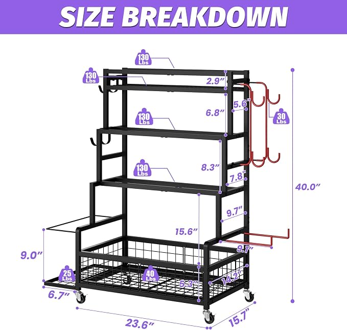 Dumbbell Rack for Home Gym, 490 lbs Weight Storage Rack with Wheels & Hooks | Heavy-Duty 490 lbs Weight Capacity,Easy Mobility with Locking Wheels,All-in-One Fitness Equipment Storage