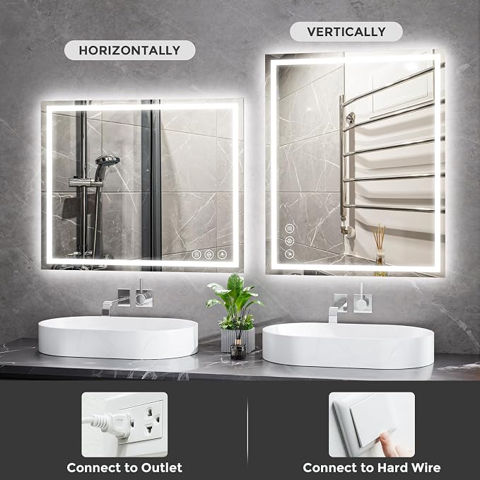 Koonmi 48x30 LED Bathroom Mirror with Light, Anti-Fog, 3 Colors | Backlit + Front Lit, Dimmable Brightness, Shatterproof HD Distortion-Free Tempered Glass, Hardware Included