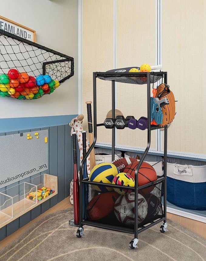 EXTCCT Sports Equipment Garage Organizer - Rolling Ball Storage with wheels, 3-Tier Sports gear Storage Rack Indoor & Outdoor Balls Cart with Hooks for Home, Garage (Black)