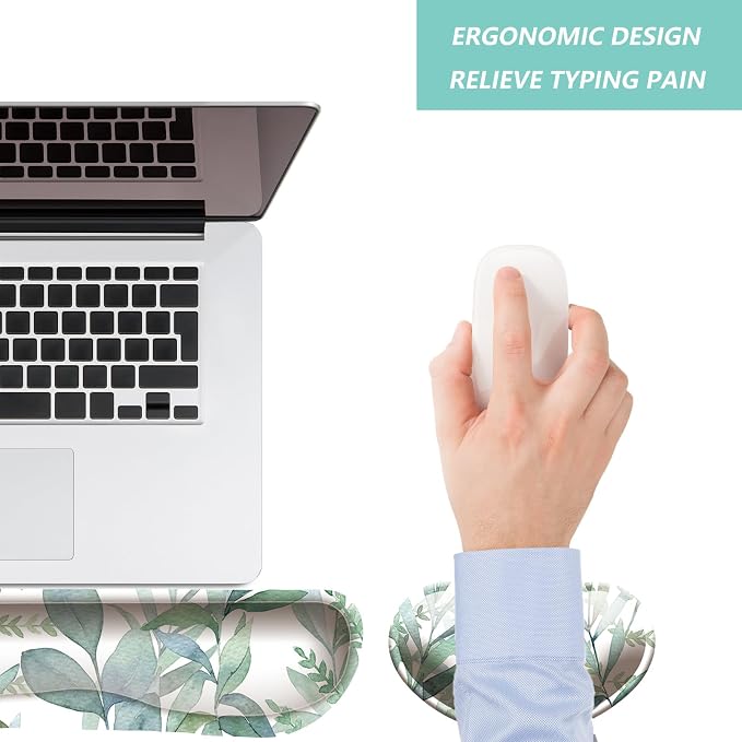 Keyboard Wrist Rest Mouse Wrist Support Set, Memory Foam Wrist Rest Pad for Computer Laptop Keyboard Mouse, Ergonomic Wrist Cushion Support for Typing Pain Relief, Gaming Home Office, Green Leaves