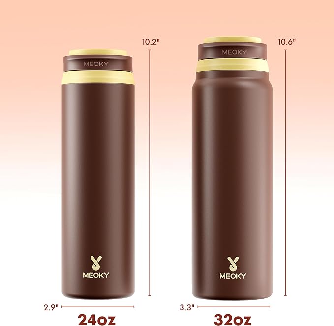 Meoky 24 oz Insulated Stainless Steel Water Bottle: Flip-to-Pop Straw, Leak Proof, 24H Cold, Fits in Car Cup Holder, Carry Loop, BPA-Free, Wide Mouth Water Bottle for Adults Gym Bag, Honey