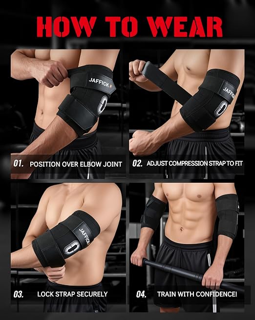 Jaffick Weightlifting Elbow Brace with Dual Adjustable Compression Strap | 1 Pair Elbow Sleeve for Bench Press, Powerlifting, Pressing, Men & Women (Black, L)