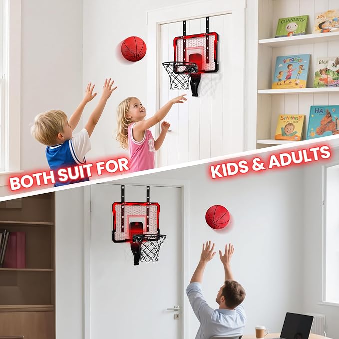 QDRAGON Mini Basketball Hoop with Scoreboard & 7 LED Lighting | Over The Door Indoor, with 3 Balls/Inflator/Breakaway Rim, Basketball Toy Gifts for Kids Adults, Suit for Bedroom/Office
