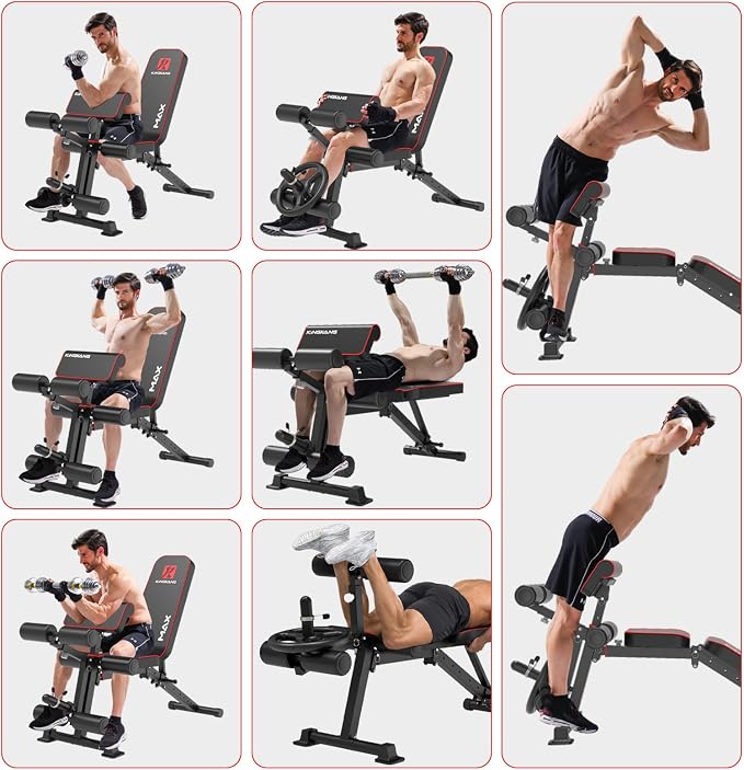 K KiNGKANG Foldable Weight Bench with Leg Curl, 1200 LBS Heavy Duty Workout Bench, 4-Level Adjustable Distance for All Heights, Multi-Position Incline Decline Exercise Bench with Dumbbell Rack for Home Gym