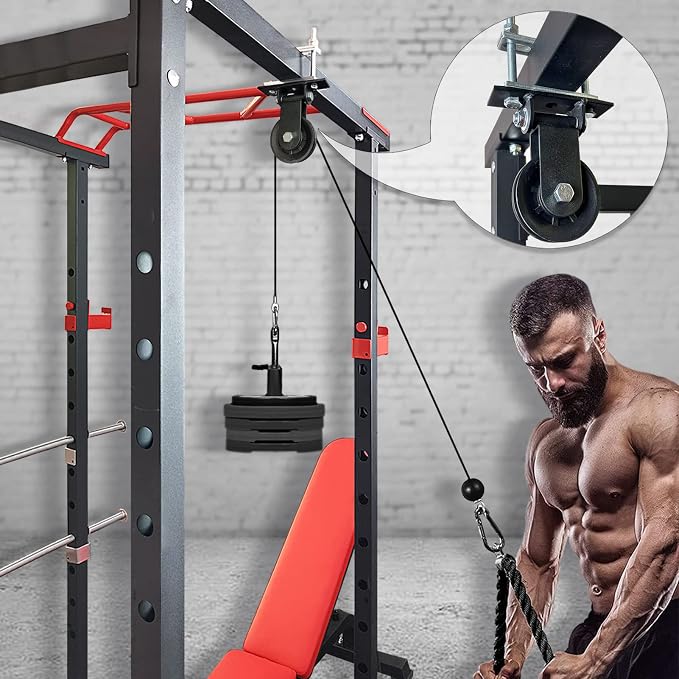 Power Rack Pulley Attachment, LAT Pulldown Machine - Cable & Weight Dual Pulley System for Home Gym Strength Training, Power Racks