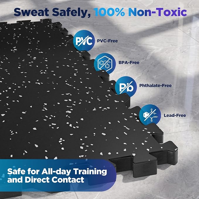 1'' Thick 24 Sq Ft Protective Gym Flooring for Home Gym, 6 Tiles Extra-Thick Rubber Top with High Density EVA Foam, Interlocking Exercise Equipment Mats, Heavy Weight Workout, Black & White