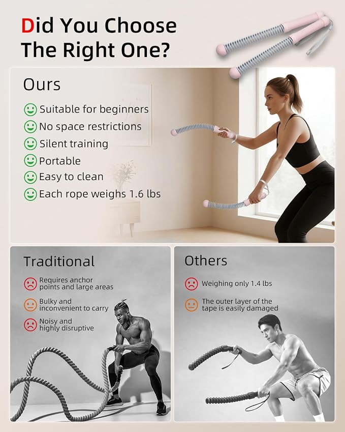 Abahub Weighted Ropeless Battle Rope, Portable Silent Cordless Battle Ropes, Space Saving Home Gym No Battle Ropes with Storage Bag, 2PCS Pink - Set A