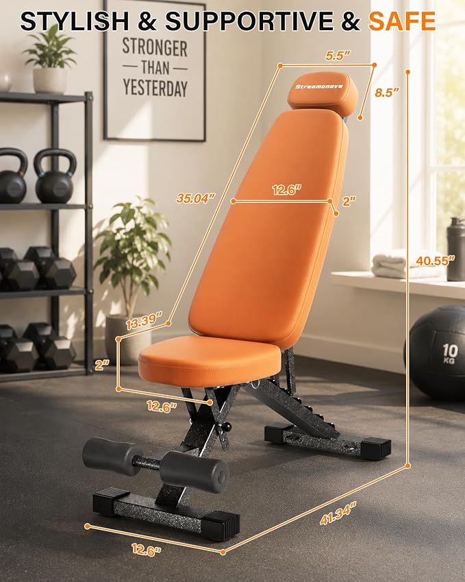 Fitness Bench, Adjustable, Comfortable, Fashionable, Foldable and Extended Headrest with 192 Positions Incline Decline 900LBS Home Gym Bench for Strength Training