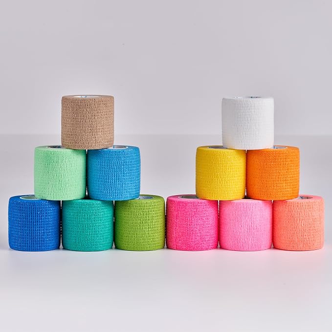 OK TAPE 12 Rolls Self Adhesive Bandage Wrap, Cohesive Elastic Athletic Tape | Vet Wrap, Sports Tape, Medical Wrap for Wrist, Feet, Self Stick Bandage Tape, 2" x 5 Yards - Mixed Color