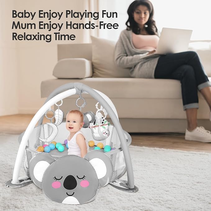 dearlomum Koala 4-in-1 Baby Play Mat Gym, with Ball Pit | Includes 30 Balls & 5 Learning Sensory Toys, Floor Gym Playmat for Newborn Infant Tummy Time, Ball Pit, Boy & Girl Gift