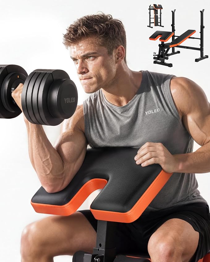 YOLEO 6 in 1 Weight Bench Set for Home Gym, Adjustable & Foldable Weight Bench, Workout Bench with Squat Rack for Bench Press Sit up Incline Flat Decline