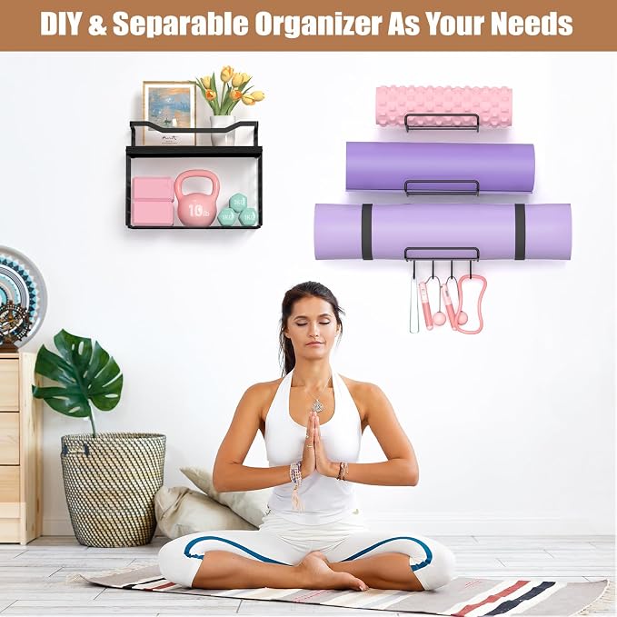 Yoga Mat Holder Black, Wall Mount Yoga Mat Storage Rack, Yoga Accessory Organizer With Wood Floating Shelves, 4 Hooks Hanging Yoga Strap & Resistance Bands, Home Gym Equipment Storage Decor