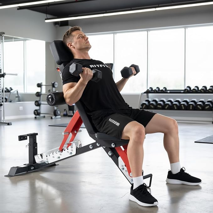 RitFit 3-Section Adjustable Weight Bench for Home Gym, 1600LB Capacity | Incline Decline Flat, 10 Backrest & 5 Headrest Positions, Full Body Strength Training with 14GA Steel Frame