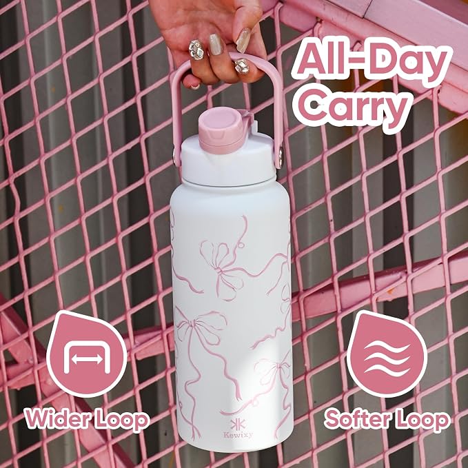 KEWIXY 32 oz Pink Water Bottle, 2-in-1 Lid, Straw & Spout with Protected, Leak Proof, Keep Cold, Stainless Steel, Metal, Reusable, Handle, for Travel, Gym and School, Breeze Pink Bow