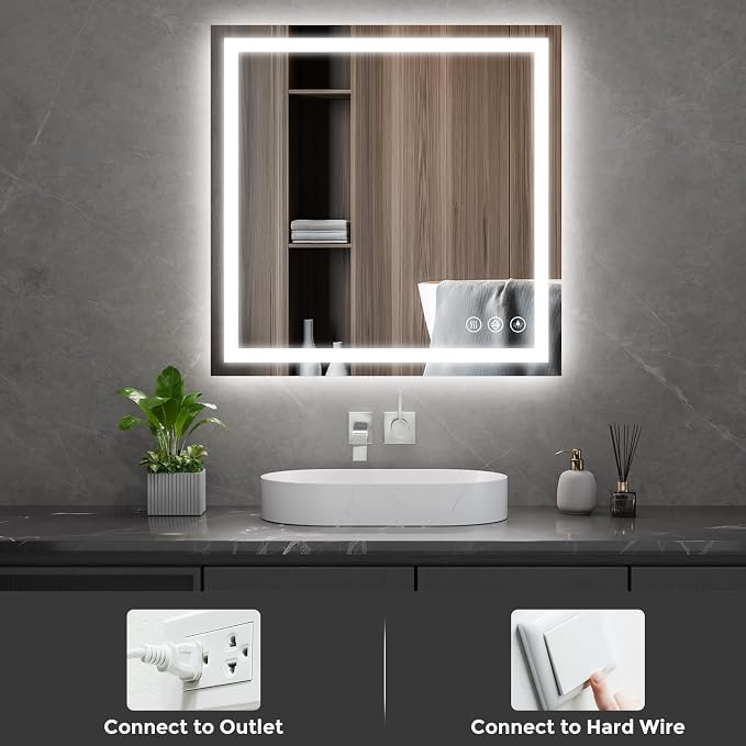 Koonmi 28x28 LED Bathroom Mirror with Light, Anti-Fog, 3 Colors | Backlit + Front Lit, Dimmable Brightness, Shatterproof HD Distortion-Free Tempered Glass, Hardware Included