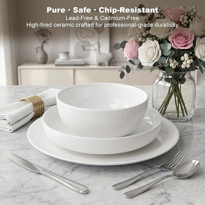 12-Piece New Bone China Dinnerware Set for 4, Lightweight White Plates & Bowls, Stackable, Microwave & Dishwasher Safe, 10" Dinner Plates, 8" Pasta Bowls & 6" Everyday Bowls