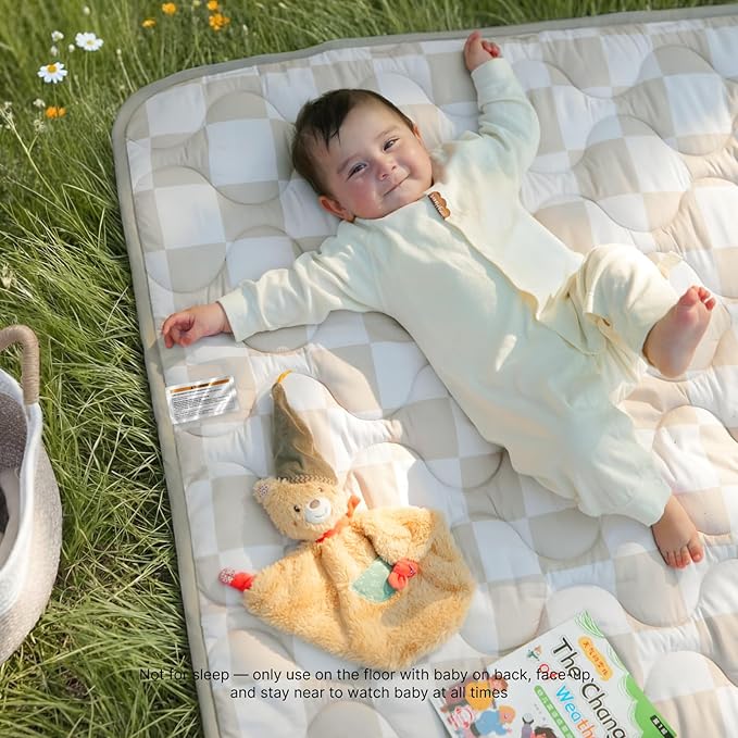 Momcozy Baby Play Mat for Floor, 50"x50" Thickened Playpen Mat | Playmate for Baby Tummy Time, Waterproof & Non-Slip, Foldable Outdoor Mat with Carrying Handle, Khaki Plaid