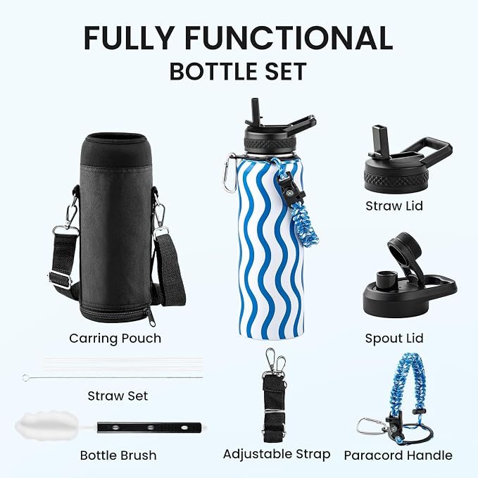 RAYMYLO Insulated Water Bottle 40 oz, Triple Wall Vacuum Stainless Steel | (Cold for 36Hrs, Hot for 18Hrs), Leak Proof & Non-BPA, Modern Water Flask Jug with Paracord Handle & Straw Spout Lids