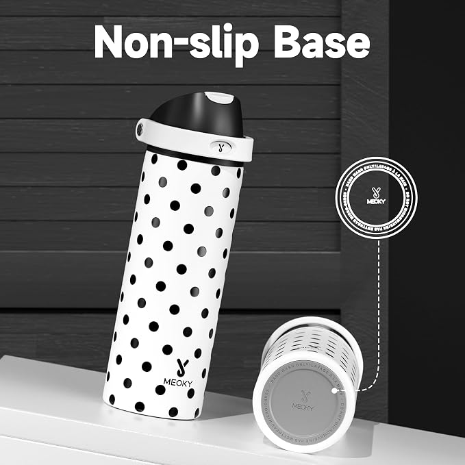 24 oz Insulated Water Bottle with Straw: Meoky Stainless Steel Metal Water Bottle with 2-in-1 Lid - Leak Proof, Cold for 24 Hours, Fits in Car Cup Holder, BPA-Free for Sports Travel Car, Polka Dot