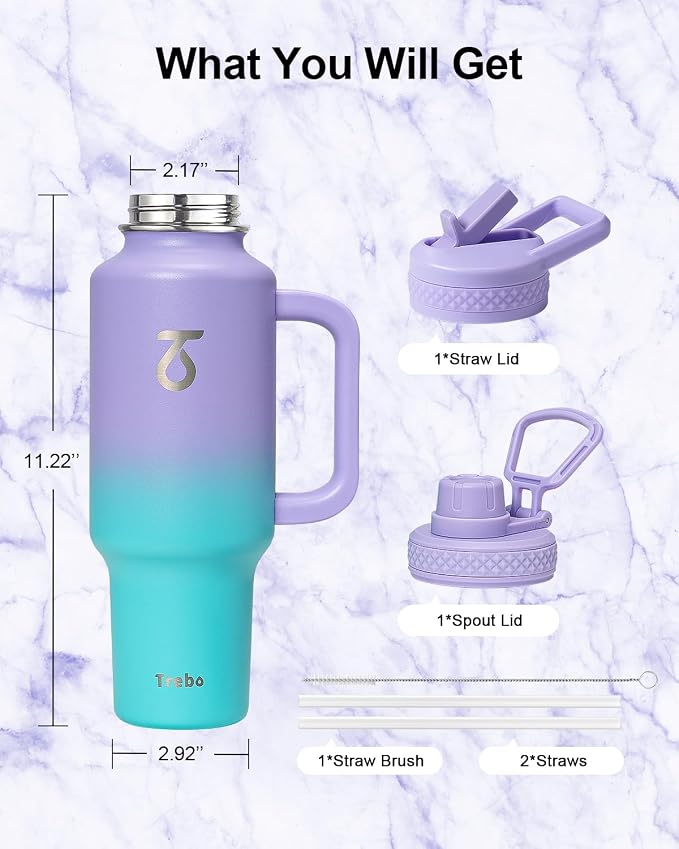 Trebo Insulated Water Bottle 40 oz Fits in Car Cup Holder with Side Handle | Stainless Steel Metal Tumbler with Straw Spout Lids, Triple-Wall Vacuum Copper Plated, Cold 48 Hrs Hot 24 Hrs for Travel, Gym