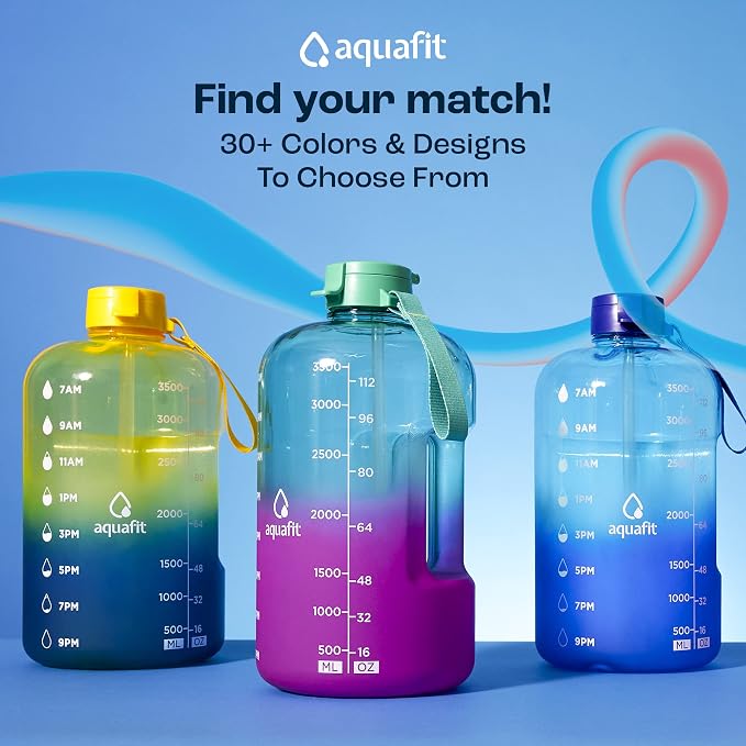 AQUAFIT Half Gallon Water Bottle with Time Marker - Straw & Chug Lid - BPA Free Gym Water Bottle with Straw - Big Gallon Jug (Clarity, 64 oz - 2 Lids) | BPA Free 64 oz Water Bottle with Straw and Chug Lids - Leakproof Gym Water Bottle with Carry Handle...