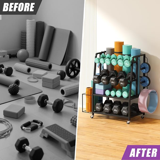 VOPEAK 3-Tier Dumbbell Rack Stand with Wheels, Home Gym Yoga Mat Storage | Stores dumbbells, kettlebells & yoga mats. Lockable wheels for mobility. Sturdy steel frame, easy 15-min assembly