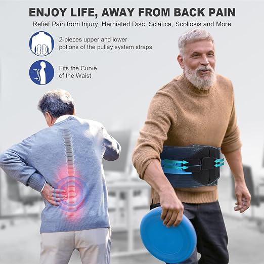 TIMTAKBO Lower Back Brace with Dual-Pulley System Black S/M | Adjustable Lumbar Decompression Belt for Herniated Disc, Sciatica & Scoliosis – High-Support Back Brace for Men & Women