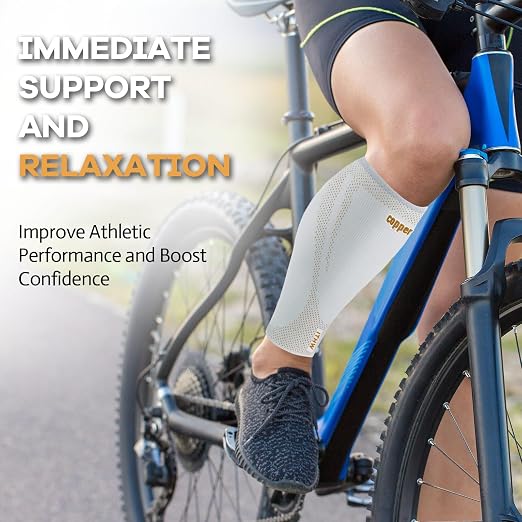 Copper Calf Compression Sleeves for Men Women, Shin Splint Relief, Grip | High Stretch Graduated Compression with Anti-Slip Grip | Breathable & Smooth Lining Footless Design for Runner, Light gray