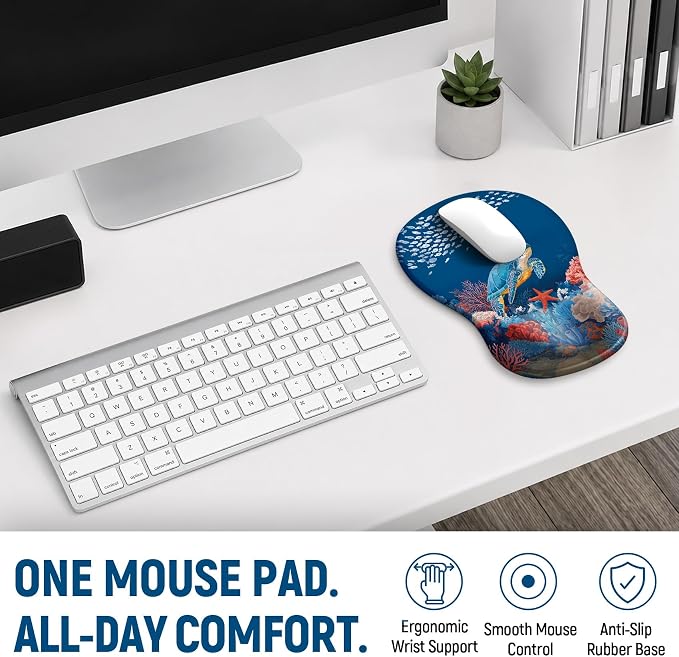 Ergonomic Mouse Pad with Wrist Rest, Gel Wrist Support, Voyage | 10.2 x 7.6 in Mouse Pad with Smooth Fabric Surface and Non-Slip Rubber Base for Office, Home, Study, and Gaming