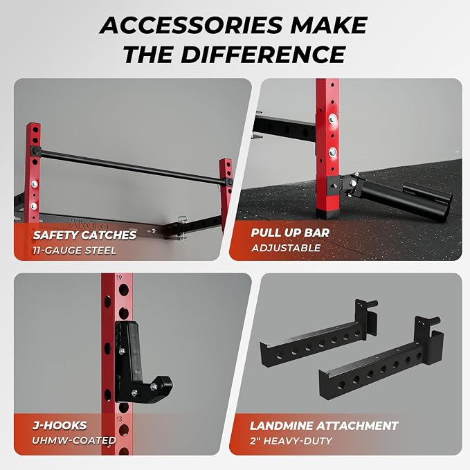 Mikolo 2" x 2" Folding Wall Mounted Squat Rack, 1000 Pounds Capacity Power Rack with Pull Up Bar, J Hooks and Other Attachments, Space-Saving Home Gym