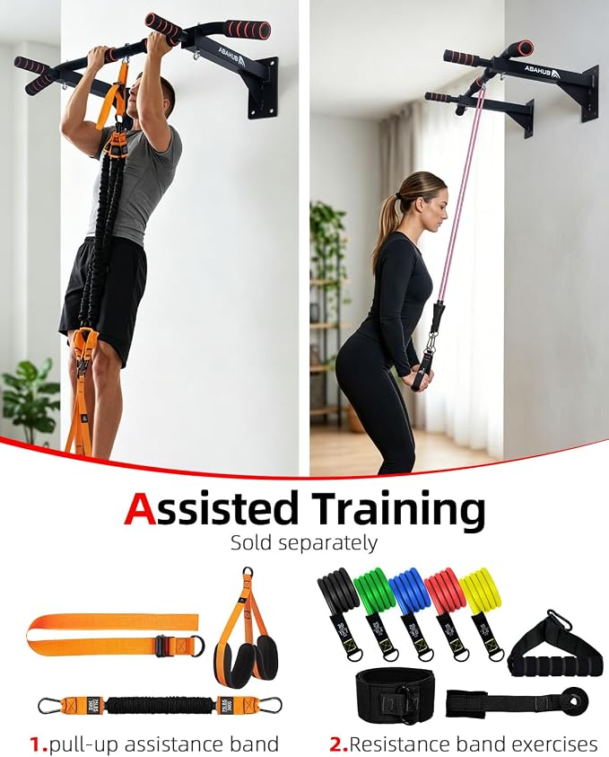 Abahub Wall Mounted Pull Up Bar,Multi-Grip Chin-Up Bar for Home Gym | Drill-installed, Heavy-Duty & Stable Training Bar with circular ring, Black-Red