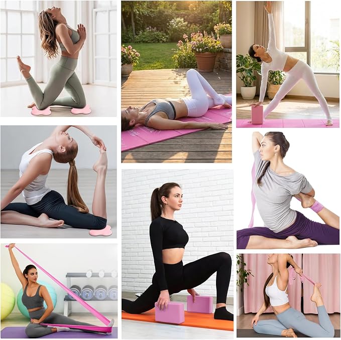 Foldable Yoga Mat and Blocks Set for Women with 2 Pack Yoga Blocks and Strap,Thin Non Slip Pilates Mat with Bag, Home Workout Equipment Essentials Starter Kit for Beginners Full Body Toning