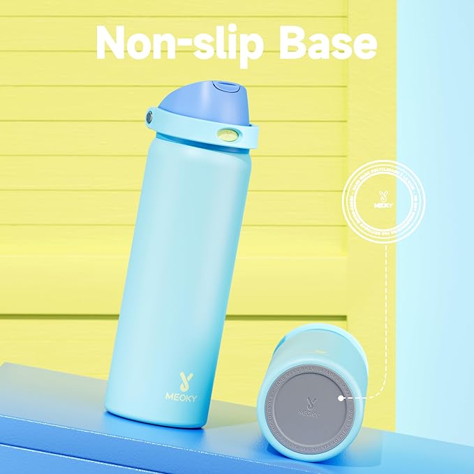 32 oz Insulated Water Bottle for Men: Meoky Stainless Steel Water Bottle with 2-in-1 Straw and Spout Lid - Leak Proof, Cold for 24 Hours, Protective Silicone Base, BPA-Free for Sports Gym, Azure