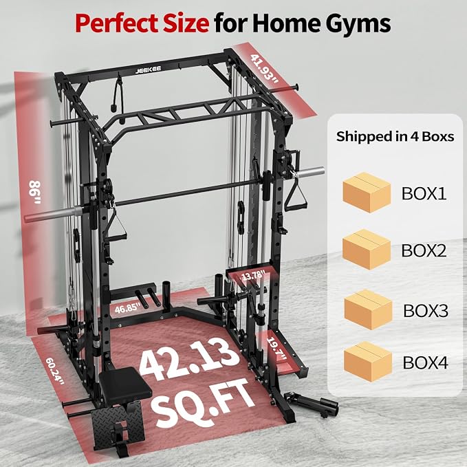 JEEKEE Power Cage with Cable Crossover System, 2000LB Multi-Function Power Rack with Independent Dual Pulleys, LAT Pulldown Seat Cushion, 20+ Attachments Squat Rack for Home Gym Workout,Black