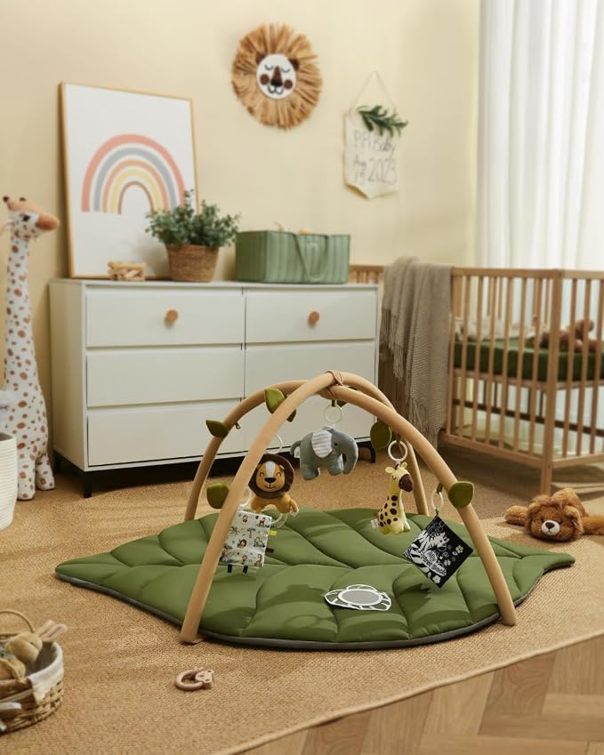 Blissful Diary Baby Play Gym & Activity Mat, Oversize Leaf Shaped Baby Play Mat w 6 Detachable Toys, Tummy Time Mat Promote Motor Skills & Sensory Development Mat, Newborn Infant Baby Essentials Gift