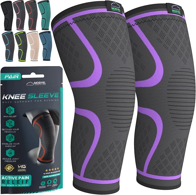Modvel Compression Knee Brace for Women & Men - 2 Pack Knee Brace for Women Running Knee Pain, Knee Support Compression Sleeve, Workout Sports Knee Braces for Meniscus Tear ACL & Arthritis Pain Relief