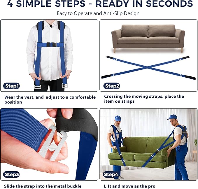 Ytonet Furniture Moving Straps for Lifting with Padded Back Supprot | 2-Person Lifting and Moving System for Move Furniture, Appliances, Heavy Objects up to 800 lbs, 130 In Wire Rope Slings Blue