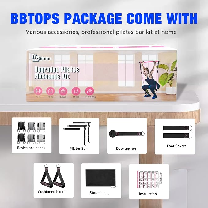 Bbtops Pilates Bar Kit with Resistance Bands,Pilates Bar with Stackable Bands Workout Equipment for Legs,Hip,Waist and Arm,Exercise Fitness Equipment for Women & Men Home Gym Yoga Pilates