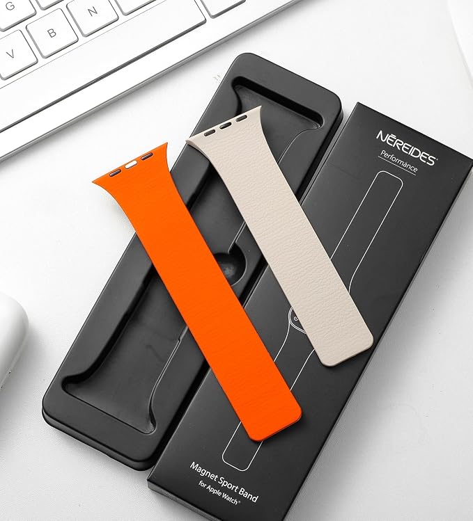 Magnetic Silicone Band Compatible with Apple Watch Band 42mm 41mm 40mm 38mm Series 11 10 9 8 7 6 5 4 3 & SE 3/2/1 Strong Magnetic Clasp, Waterproof & Adjustable (Starlight + Orange)