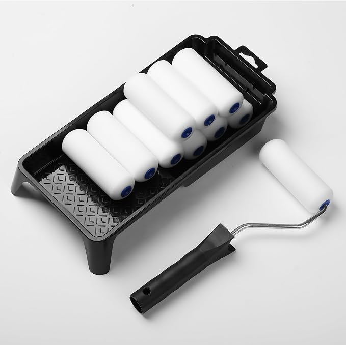 Bates- 4 Inch Foam Paint Roller Set, 12 pcs, Small Paint Roller Kit Includes 1 x Plastic Paint Tray, 1 x Roller Frame & 10 x White Foam Covers