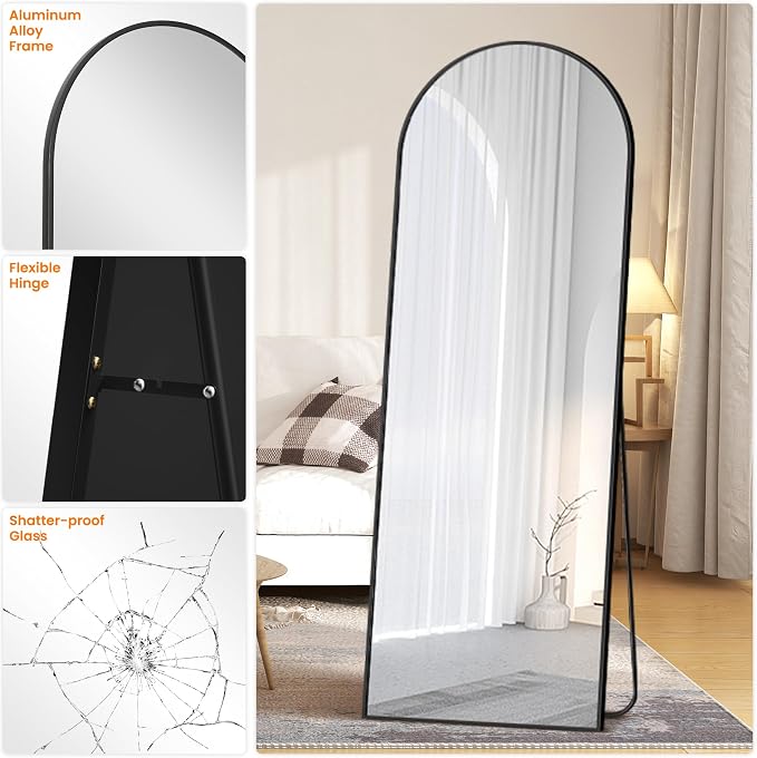 TRAHOME Full Length Arched Mirror, 70"x24" Standing Floor Full Body Mirror for Wall with Aluminum Alloy Frame for Bedroom, Living Room, Dressing Room(Black)