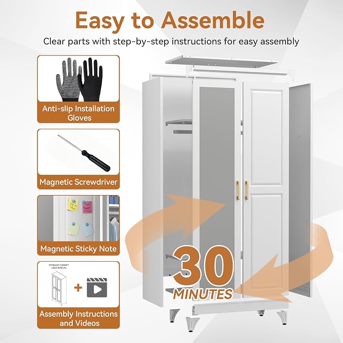 Polup Metal Armoire Wardrobe Closet with Mirror, 71" Tall White Cabinet | Heavy Duty Steel Clothing Storage Cabinet with Hanging Rod & Adjustable Shelves for Bedroom, Office, Gym, Garage, Armarios